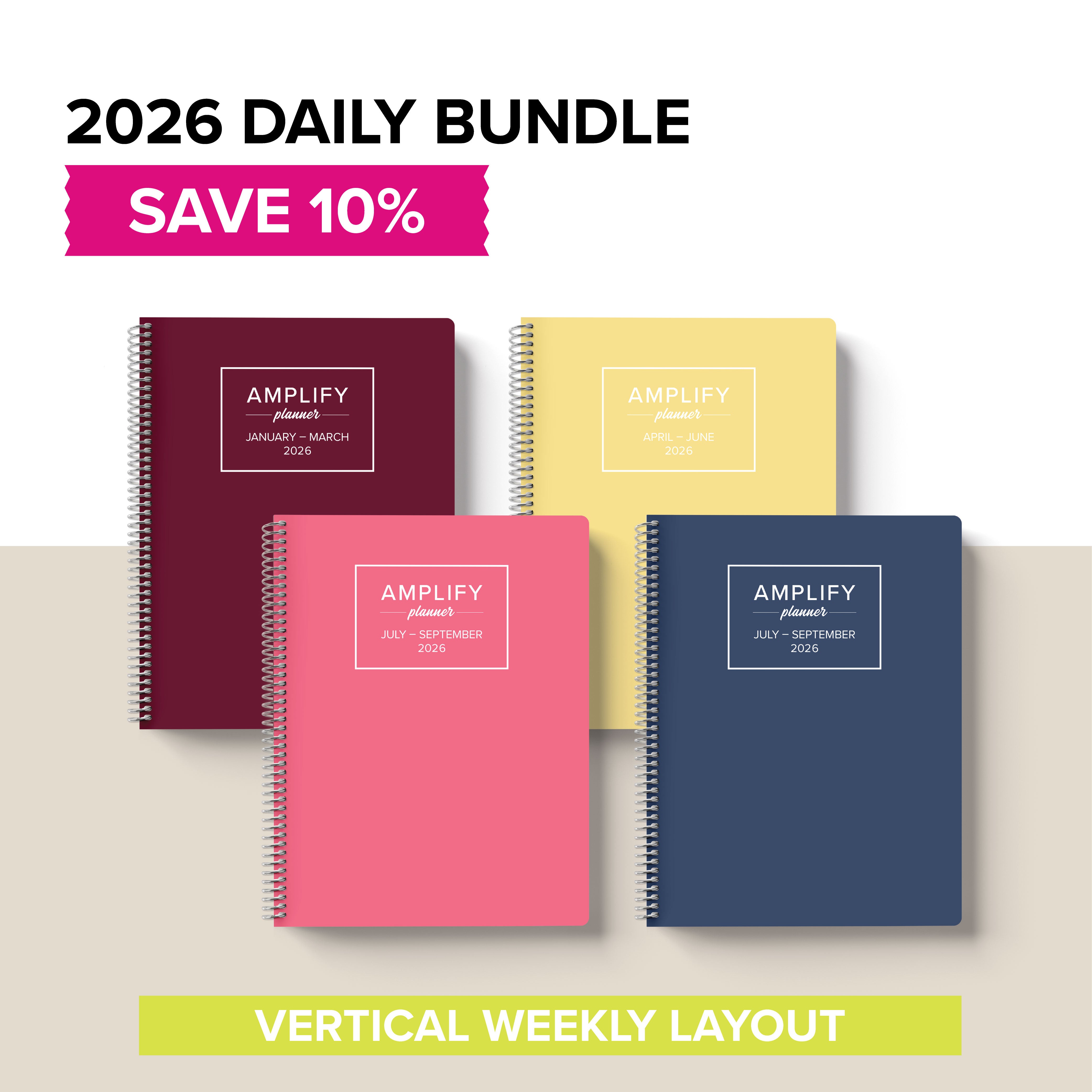 Image of four undated daily amplify planners bundle in the horizontal weekly layout