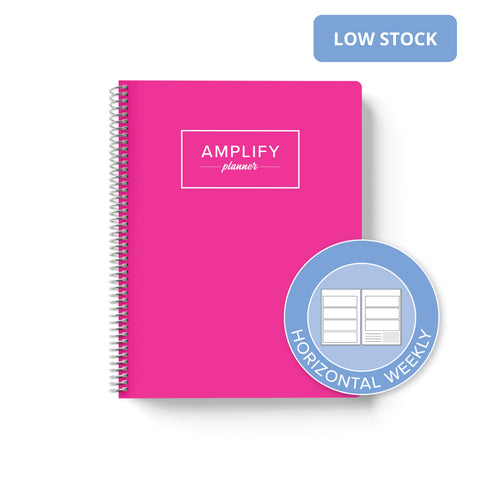 Make Move Pink cover with graphic indicating horizontal weekly layout option in daily undated Amplify Planner
