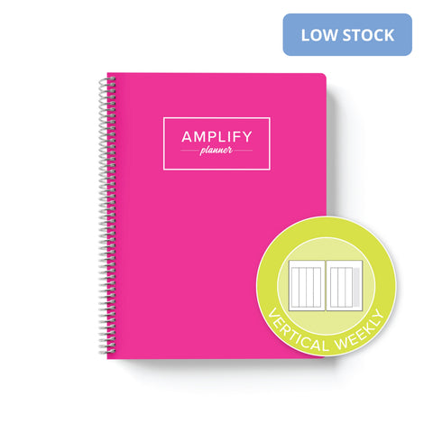 Make Move Pink cover with graphic indicating vertical weekly layout option in daily undated Amplify Planner