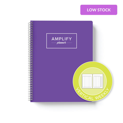 purple perspective weekly Amplify Planner on white background with graphic showing vertical weekly layout option