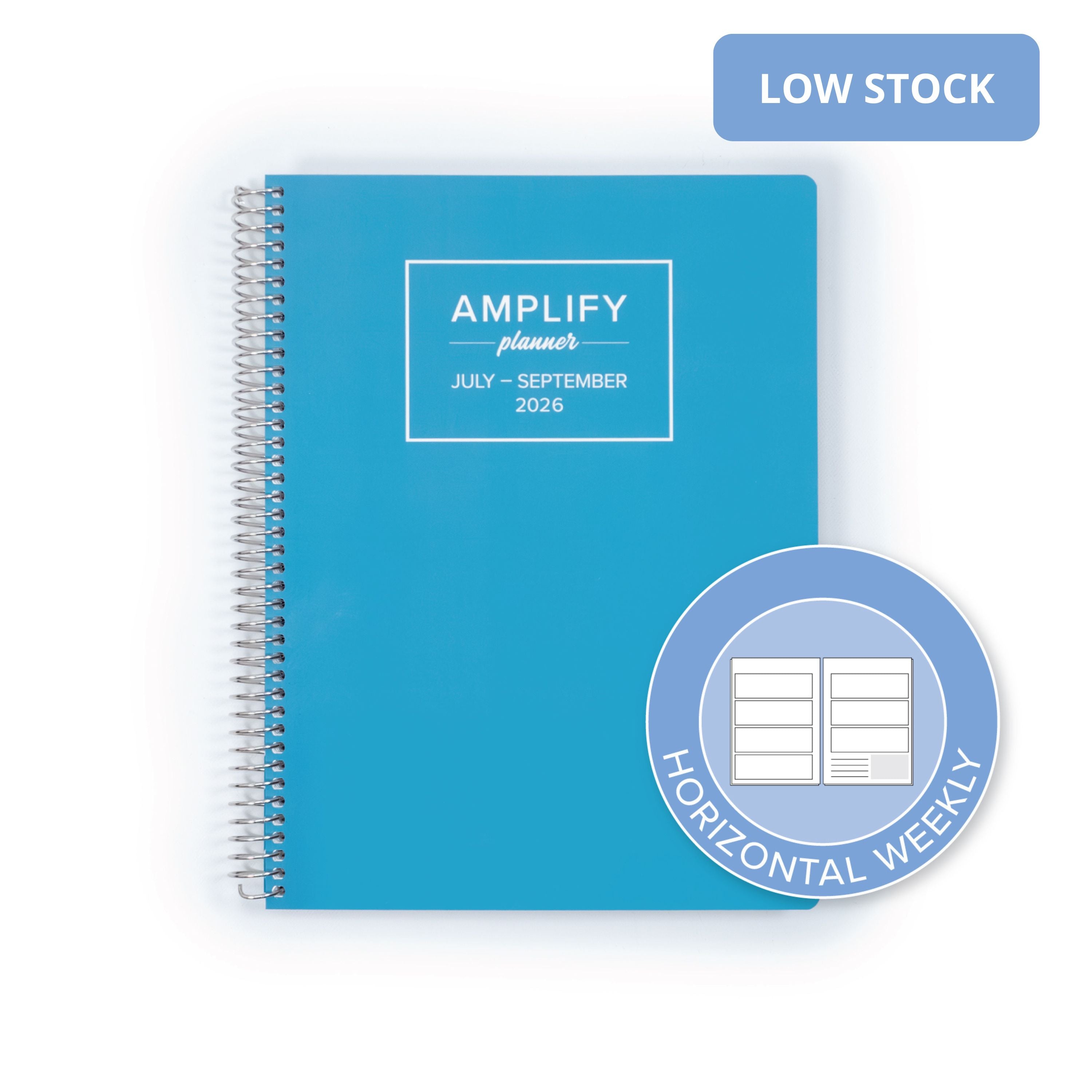 Daily Planner - July-September 2026 displaying a horizontal weekly layout, with a vibrant Poolside Blue cover by Amplify Planner.