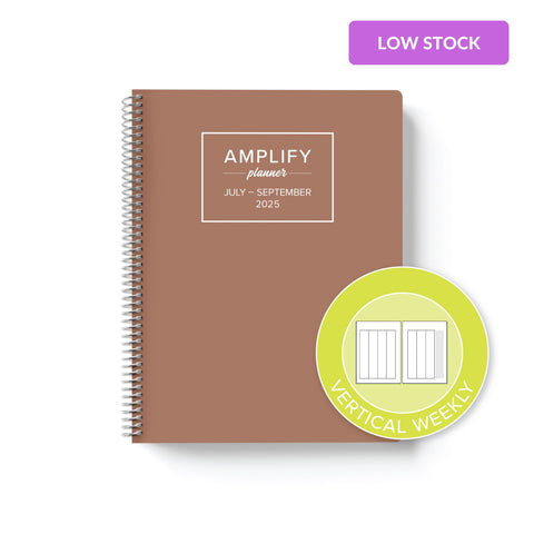 mocha mousse cover with graphic indicating vertical weekly layout option in Q3 2025 daily Amplify Planner