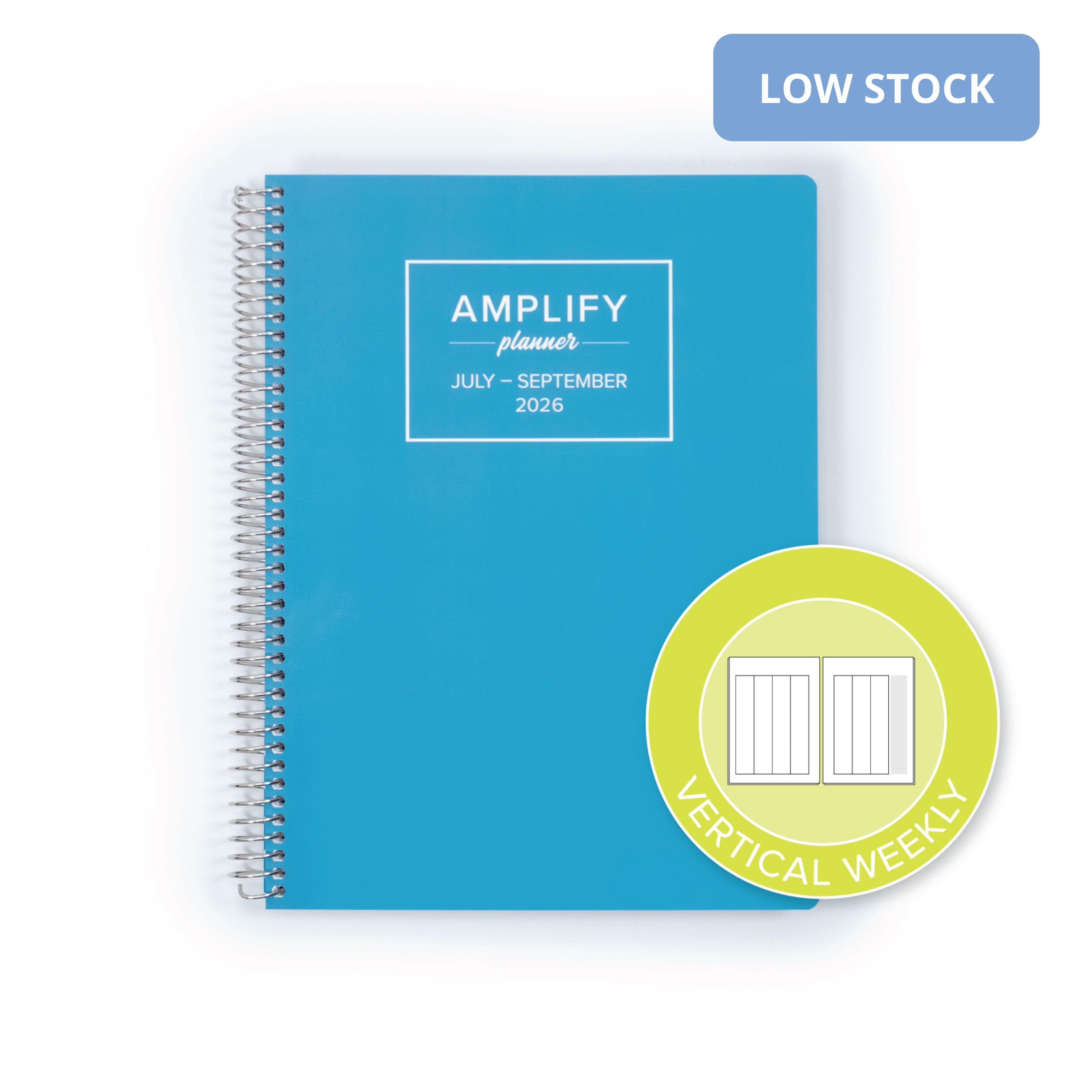 Daily Planner - July-September 2026 featuring a vertical weekly layout, showcased in a stylish Poolside Blue cover from Amplify Planner.