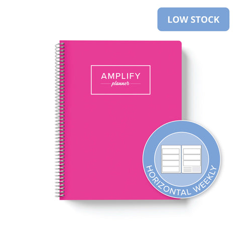 enchanted pink Amplify Planner on white background with graphic showing horizontal weekly layout option