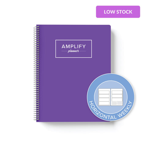 purple perspective weekly Amplify Planner on white background with graphic showing horizontal weekly layout option