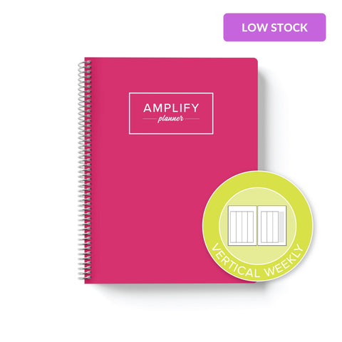 rosy outlook weekly Amplify Planner on white background with graphic showing vertical weekly layout option