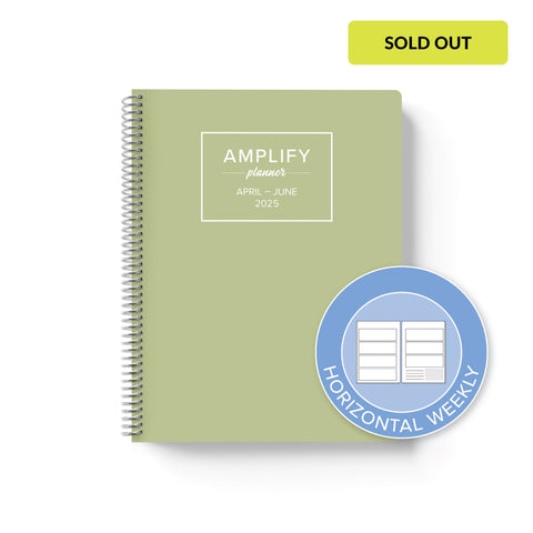 dewdrop green cover with graphic indicating horizontal weekly layout option in Q2 2025 daily Amplify Planner