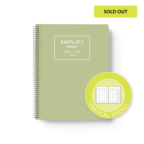 dewdrop green cover with graphic indicating vertical weekly layout option in Q2 2025 daily Amplify Planner