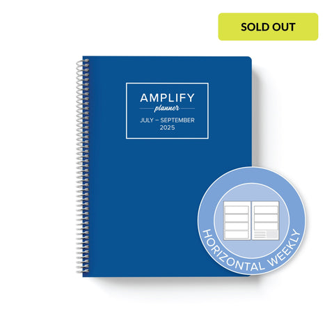 lagoon blue cover with graphic indicating horizontal weekly layout option in Q3 2025 daily Amplify Planner