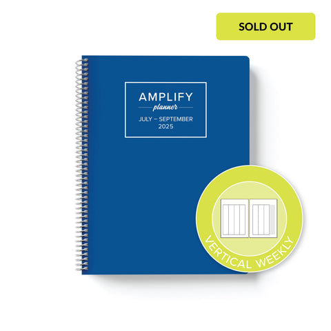 lagoon blue cover with graphic indicating vertical weekly layout option in Q3 2025 daily Amplify Planner