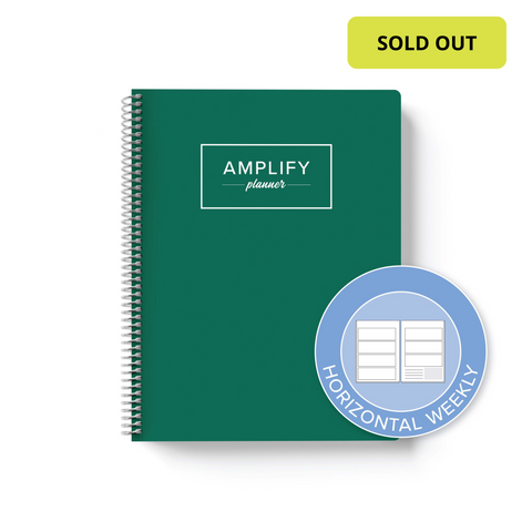 imagination green cover with graphic indicating horizontal weekly layout option in daily undated Amplify Planner