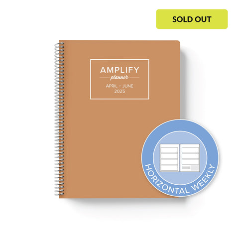 honeycomb cover with graphic indicating horizontal weekly layout option in Q2 2025 daily Amplify Planner