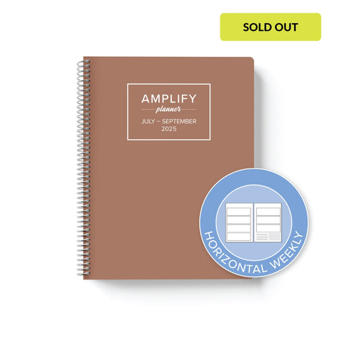 mocha mousse cover with graphic indicating horizontal weekly layout option in Q3 2025 daily Amplify Planner