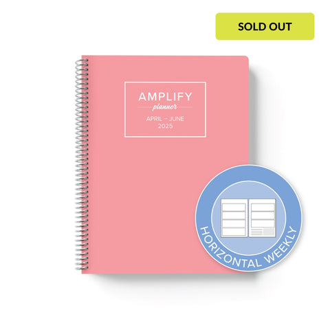petal pink cover with graphic indicating horizontal weekly layout option in Q2 2025 daily Amplify Planner