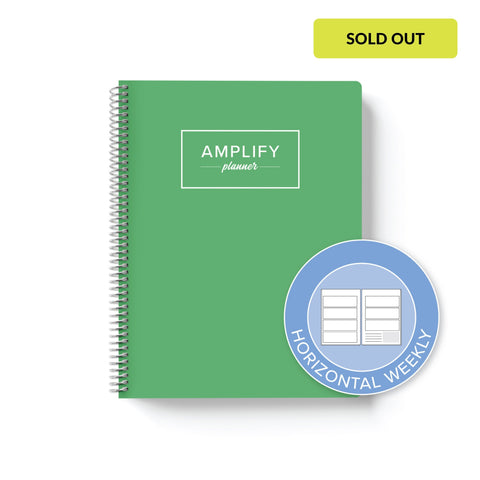 new leaf green weekly Amplify Planner on white background with graphic showing horizontal weekly layout option