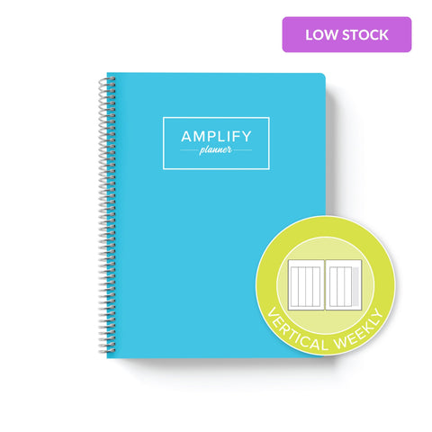 blue skies weekly Amplify Planner on white background with graphic showing vertical weekly layout option