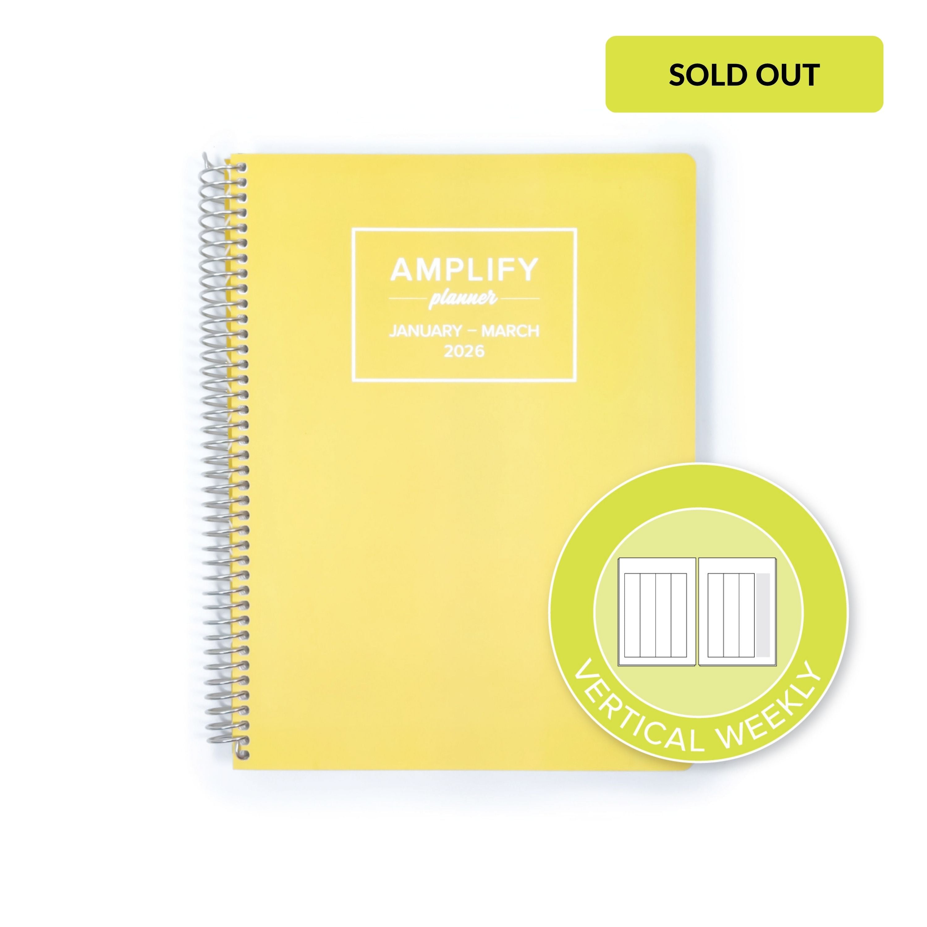 Daily Planner - January-March 2026 - Sunlit Start by Amplify Planner, showcased with a graphic indicating vertical weekly layout options.