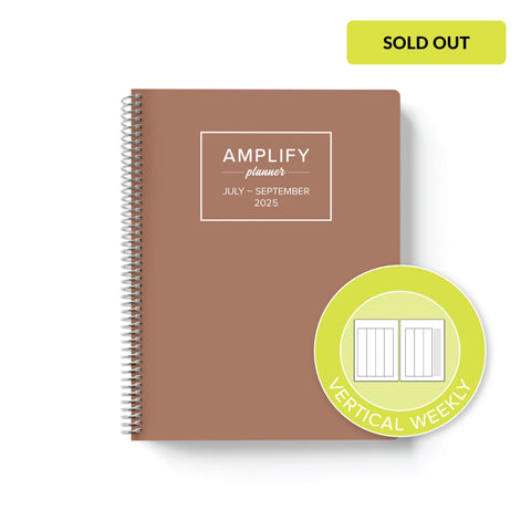 mocha mousse cover with graphic indicating vertical weekly layout option in Q3 2025 daily Amplify Planner