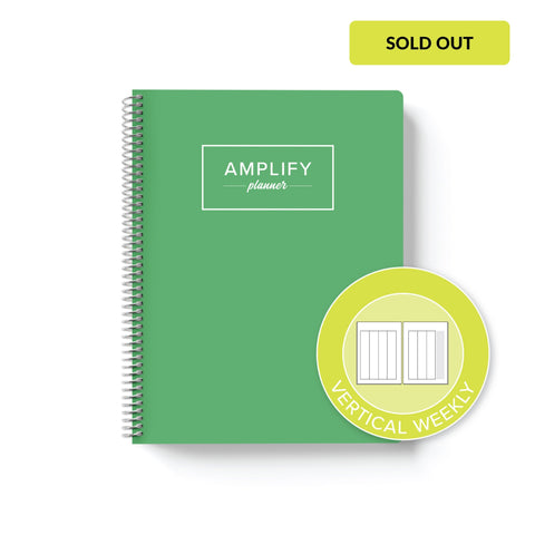 new leaf green weekly Amplify Planner on white background with graphic showing vertical weekly layout option