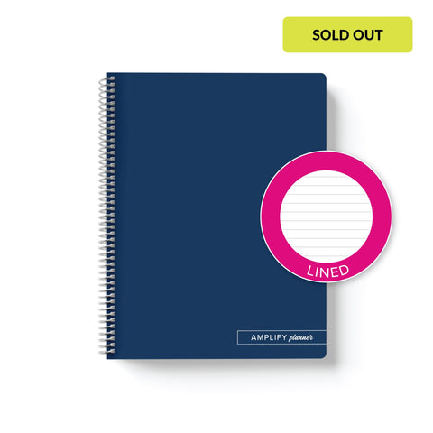 Midnight Pages Amplify Planner Spiral Notebook on a white background with an emblem designating Lined Paper. 