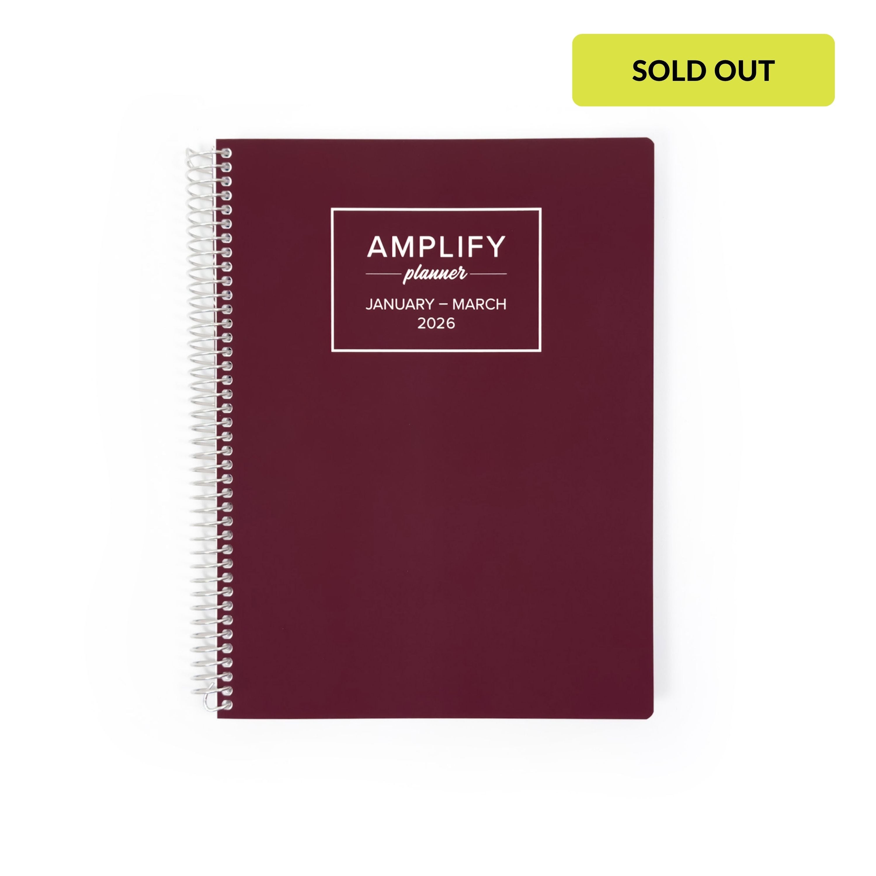 Daily Planner - January-March 2026 – This Is Maroon cover design with the Amplify Planner logo on a maroon background, showcasing a sleek and modern planner for effective time management.