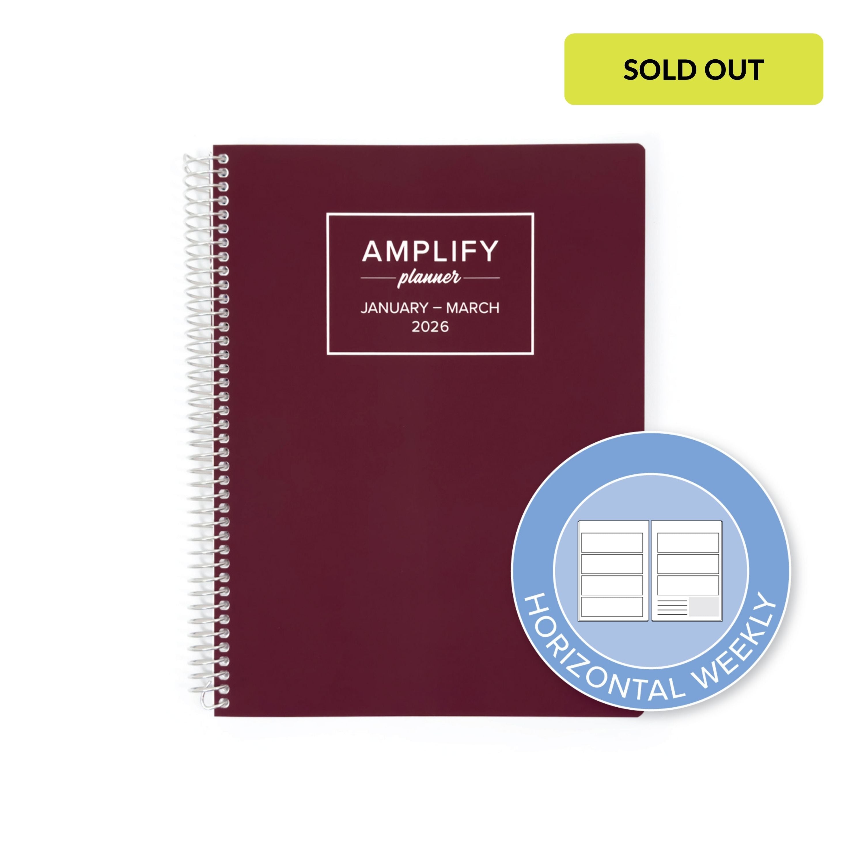 Daily Planner - January-March 2026 – This Is Maroon illustrated with a horizontal weekly layout icon, showcasing the excellent planning options available in this stylish planner.