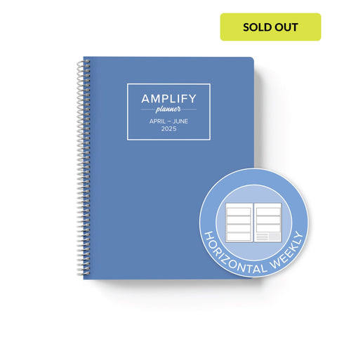 stormy blue cover with graphic indicating horizontal weekly layout option in Q2 2025 daily Amplify Planner