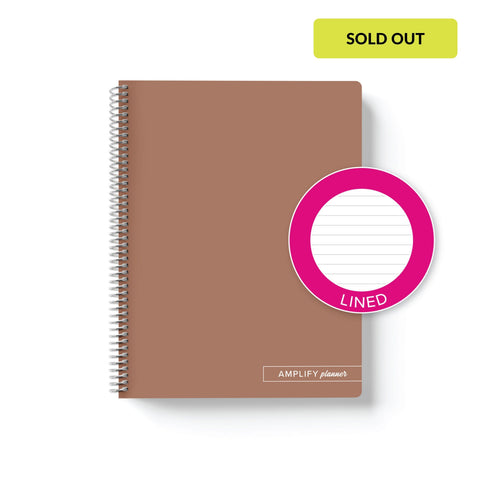 Rooted Brown Amplify Planner Spiral Notebook on a white background with an emblem designating Lined Paper. 