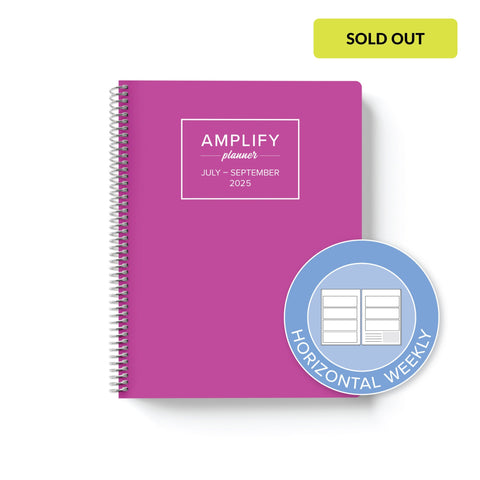 wild fuchsia cover with graphic indicating horizontal weekly layout option in Q3 2025 daily Amplify Planner