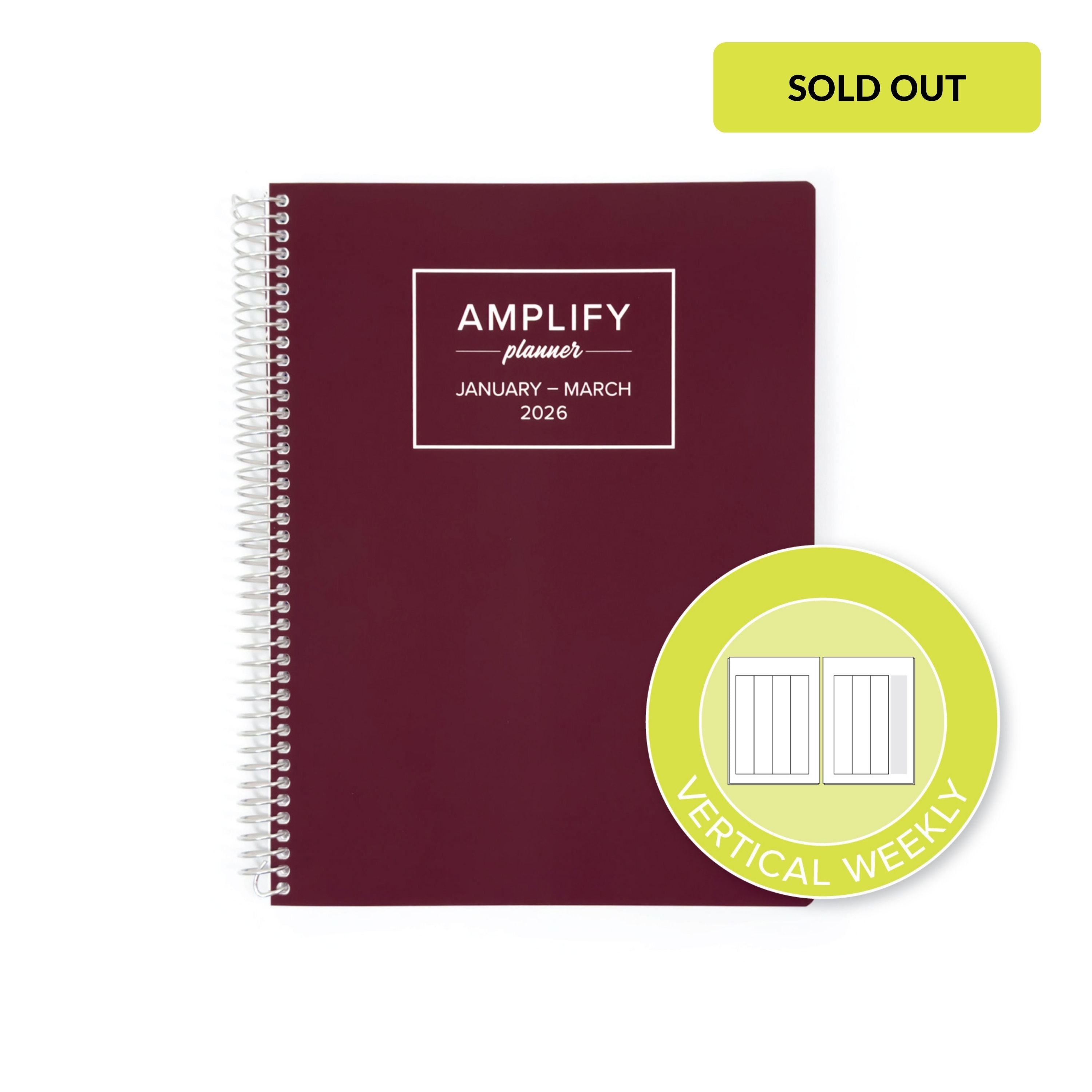 Daily Planner - January-March 2026 – This Is Maroon featuring a vertical weekly layout icon, highlighting the versatile weekly planning options offered by Amplify Planner.