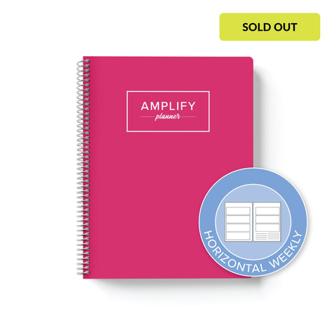 rosy outlook weekly Amplify Planner on white background with graphic showing horizontal weekly layout option