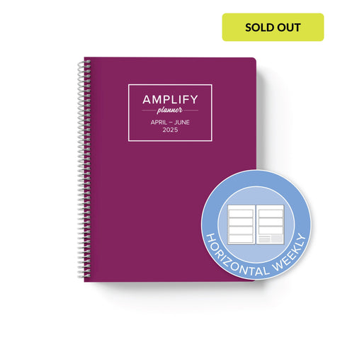 violet bloom cover with graphic indicating horizontal weekly layout option in Q2 2025 daily Amplify Planner
