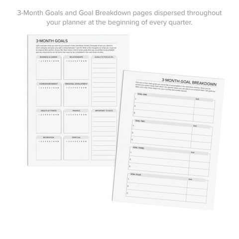 Sample pages showing 3-Month Goals and Goal Breakdown in the Daily Printable Planner - January-March 2026.