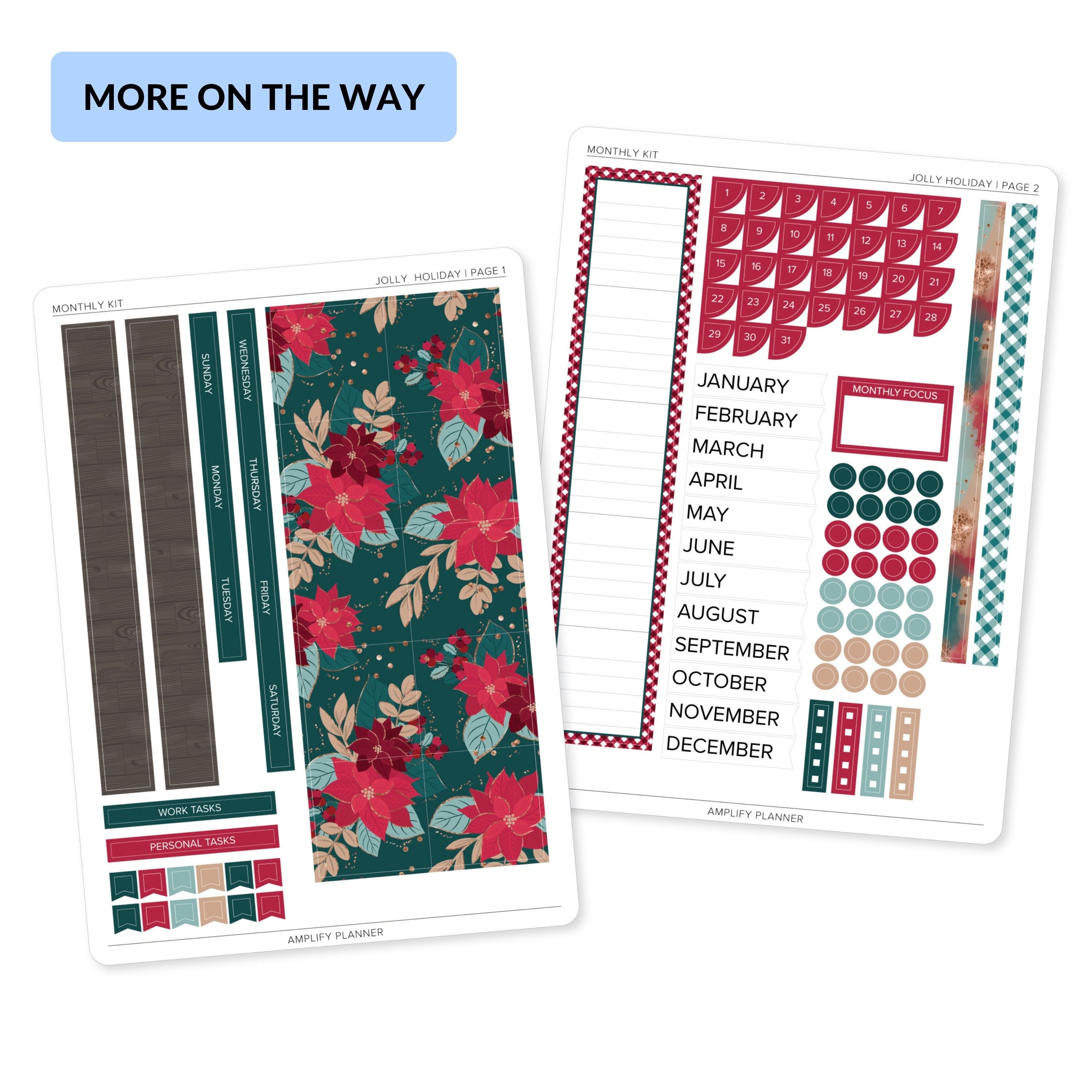 Jolly Holiday - Amplify Planner Monthly Sticker Kit includes two sheets of beautifully designed stickers featuring rich red poinsettias and elegant gold accents for festive planning.