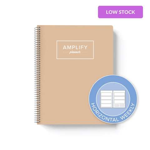 golden light weekly Amplify Planner on white background with graphic showing horizontal weekly layout option