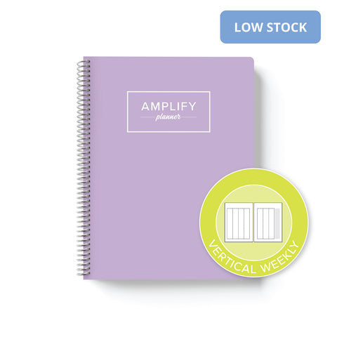 Lavender Grace cover with graphic indicating vertical weekly layout option in daily undated Amplify Planner