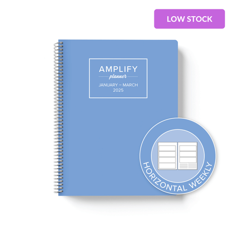 oasis blue cover with graphic indicating horizontal weekly layout option in Q1 2025 Amplify Planner