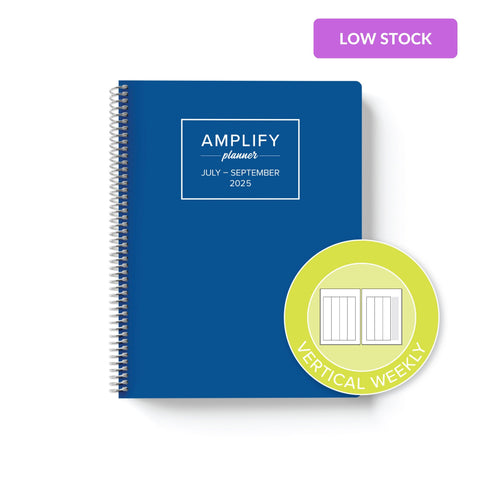 lagoon blue cover with graphic indicating vertical weekly layout option in Q3 2025 daily Amplify Planner