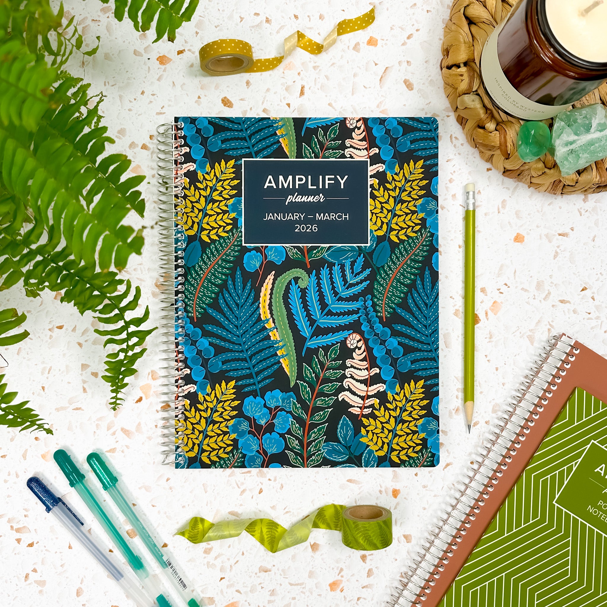 Daily Planner - January-March 2026 displayed with pens and a plant, showcasing its fern design by Amplify Planner.