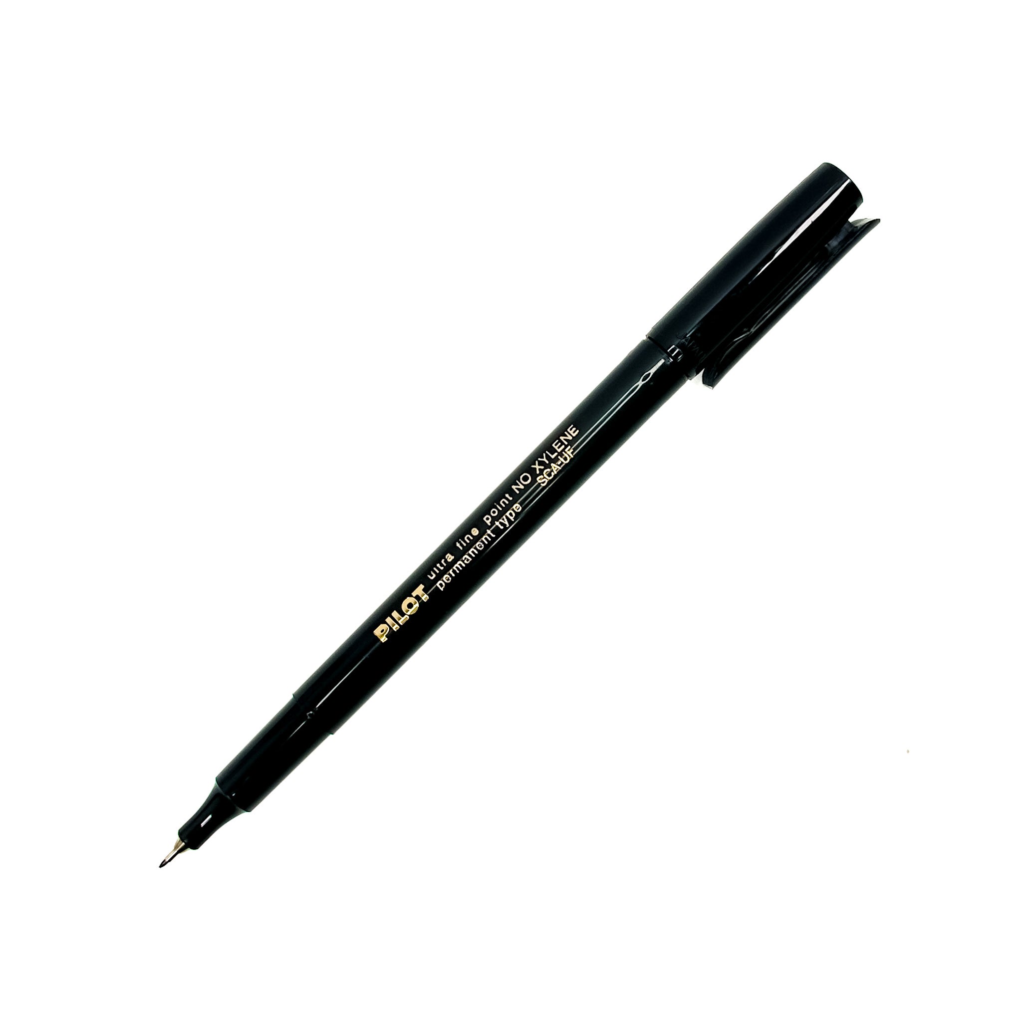 PILOT Extra Fine Point Permanent Marker with black ink, showcasing its sleek design and clip-on cap for easy portability.