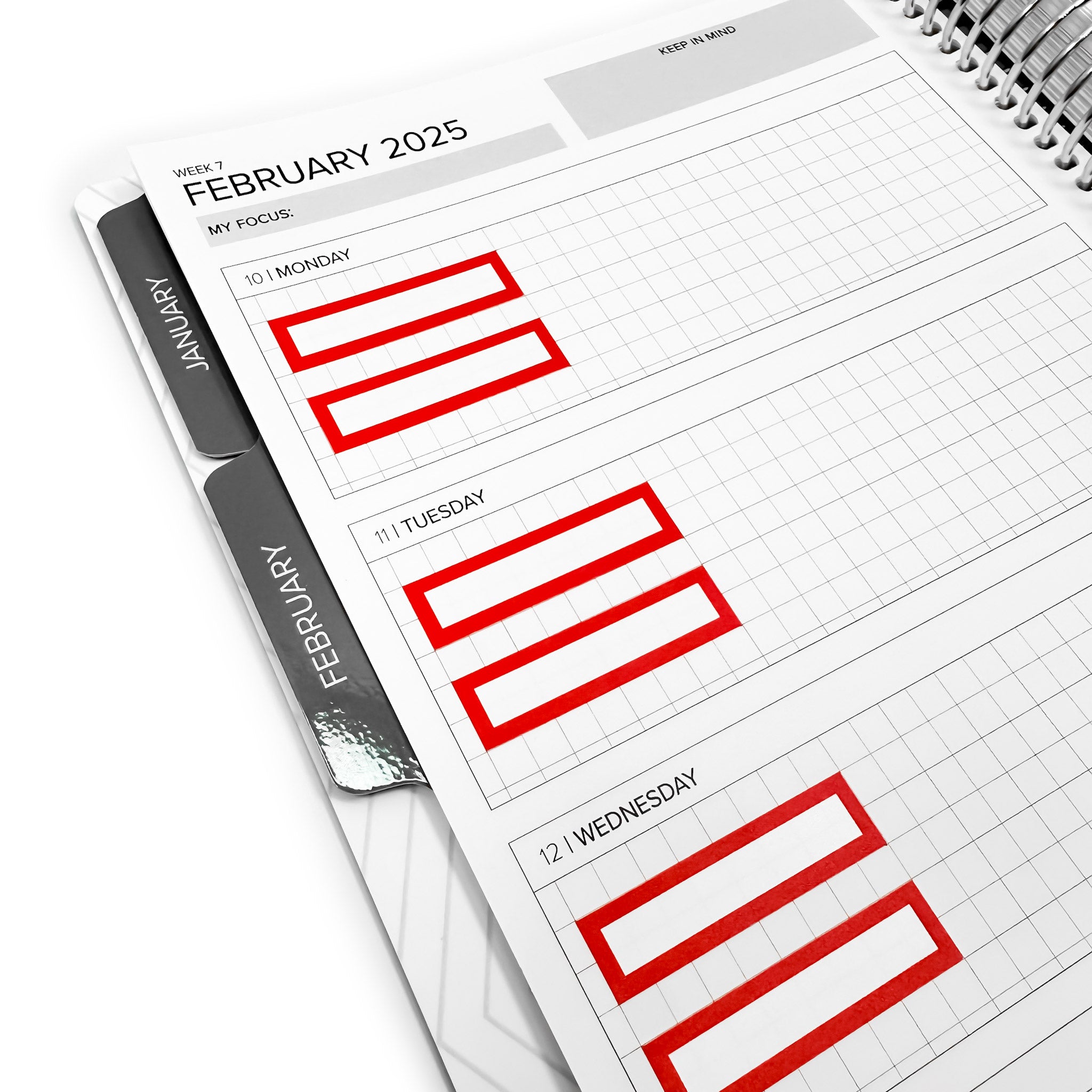 Color Block Stickers - Horizontal Weekly Layout showcasing a detailed view of a planner page for February 2025, highlighting organized spaces for each day of the week.
