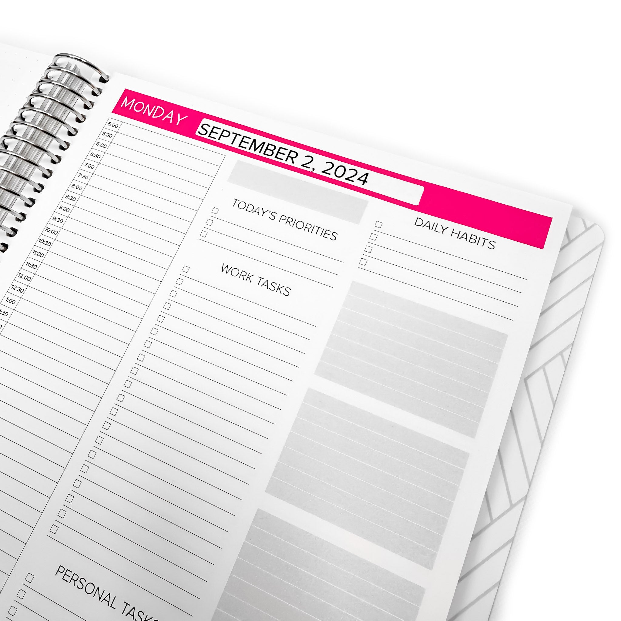 Close-up view of a planner layout showcasing 'Days of The Week Stickers - Daily Layout' with Monday's date September 2, 2024, highlighting daily habits and work tasks.