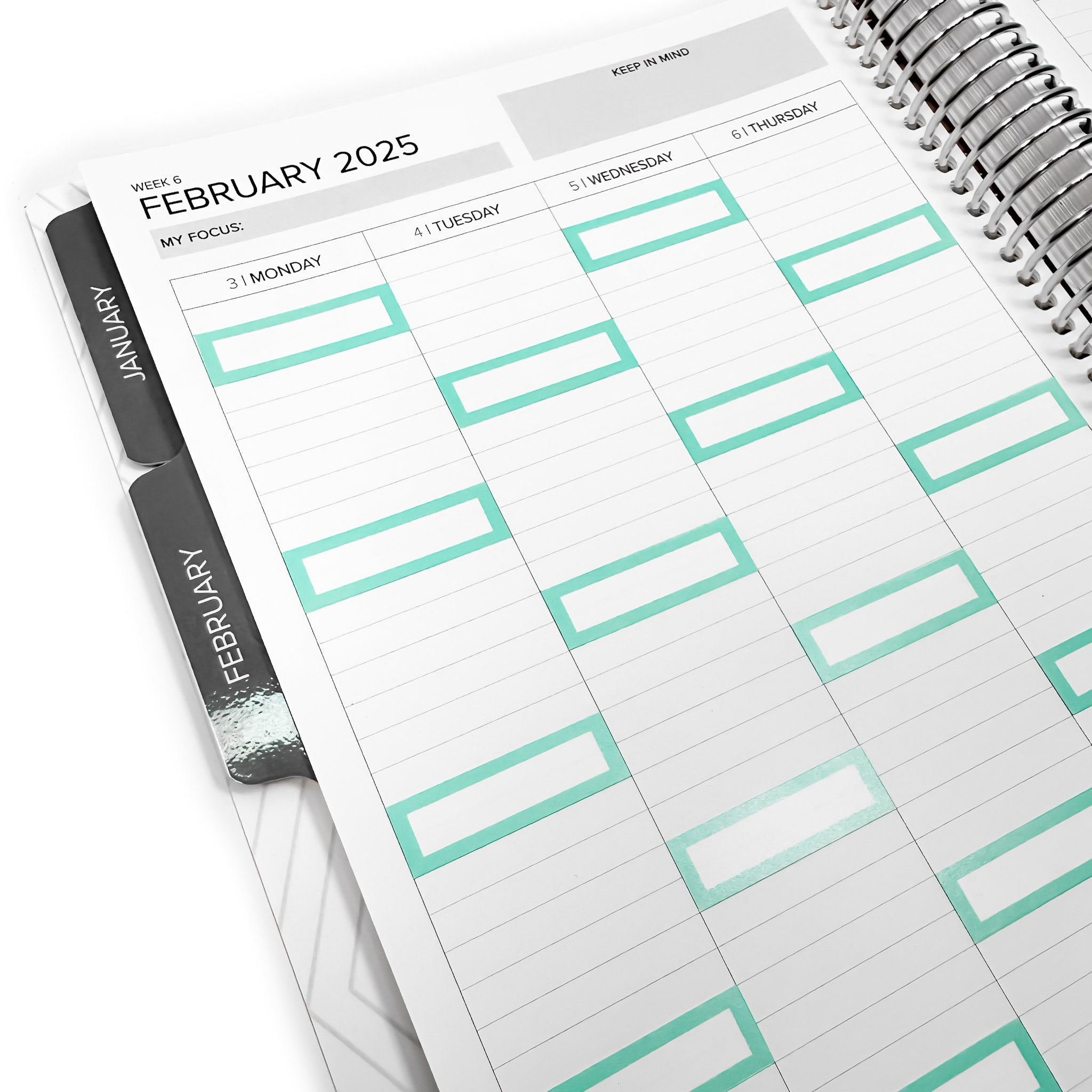 Color Block Stickers - Vertical Weekly Layout showcased in a close-up of a planner for February 2025, highlighting the structured design perfect for planning week-by-week.