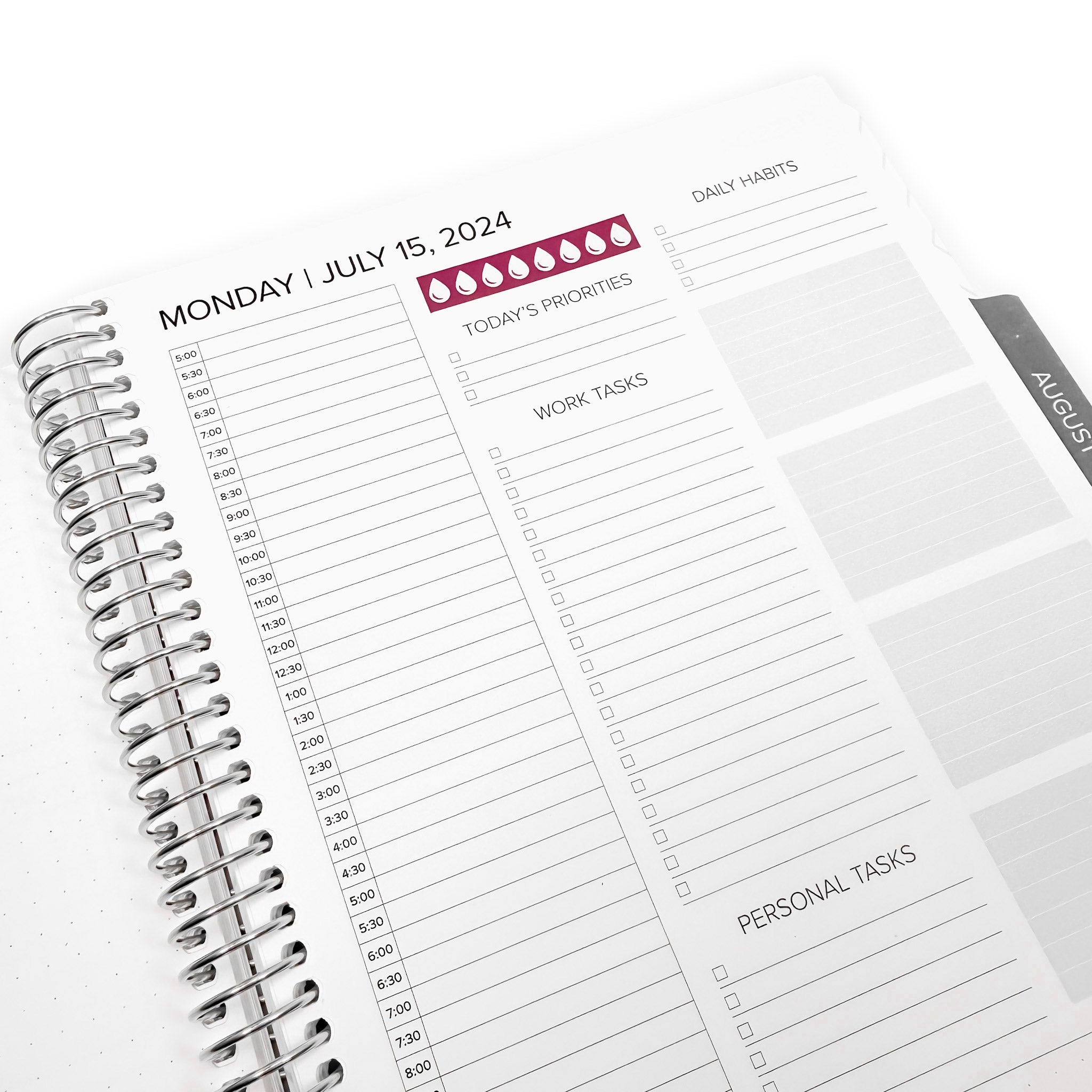 Water Tracker Stickers applied on a Daily Layout planner, highlighting the eight water drops for monitoring daily hydration.