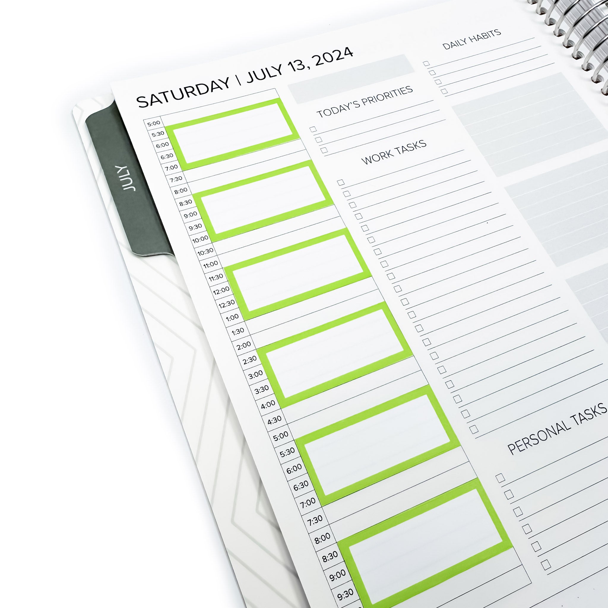 Close-up view of the 2 Hour Block Stickers in use within a Daily Layout planner for Saturday, July 13, 2024, emphasizing the structured hourly timeline sections.