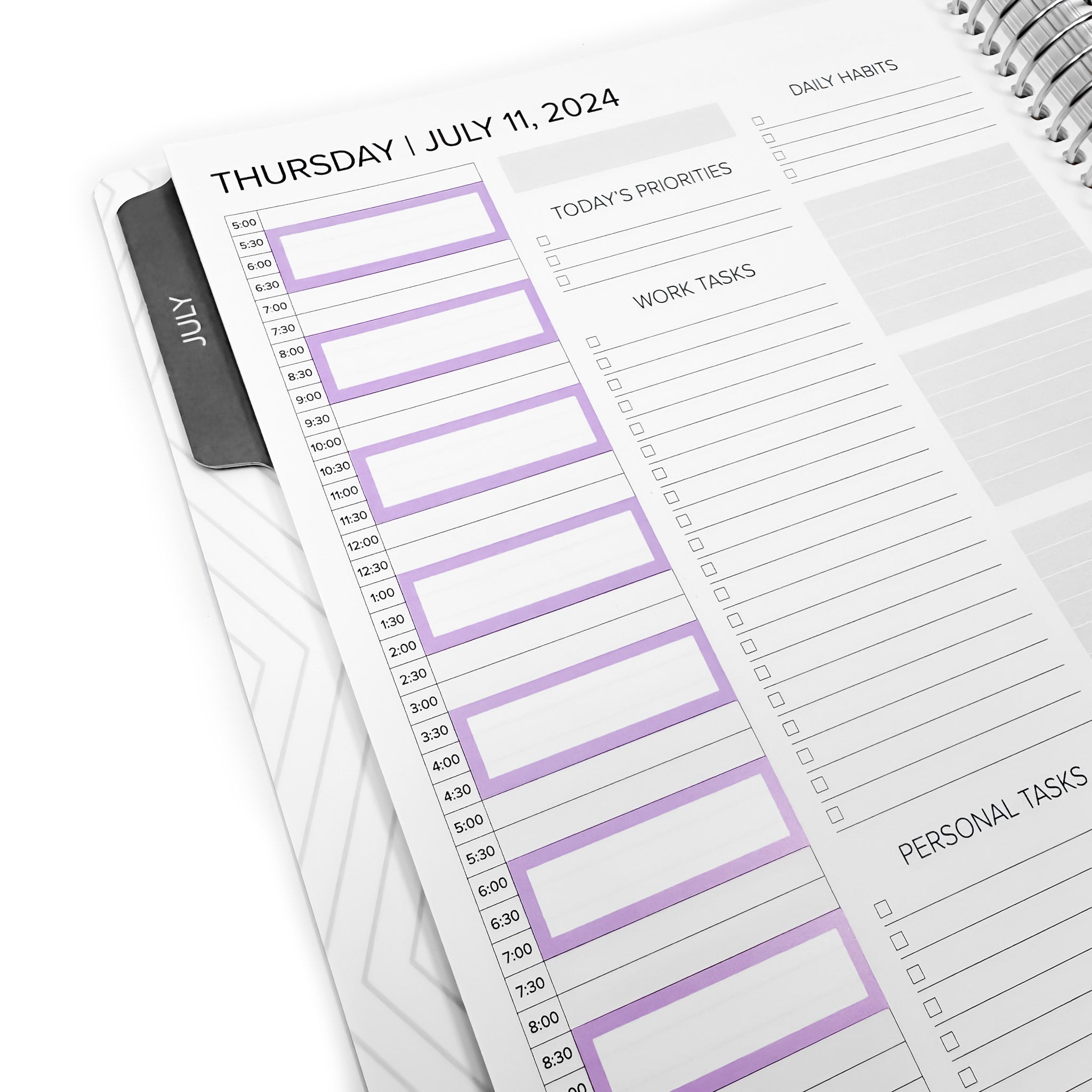Close-up view of a planner's daily layout for Thursday, July 11, 2024, highlighting time blocks where the 90 Minute Block Stickers can be applied for organized scheduling.