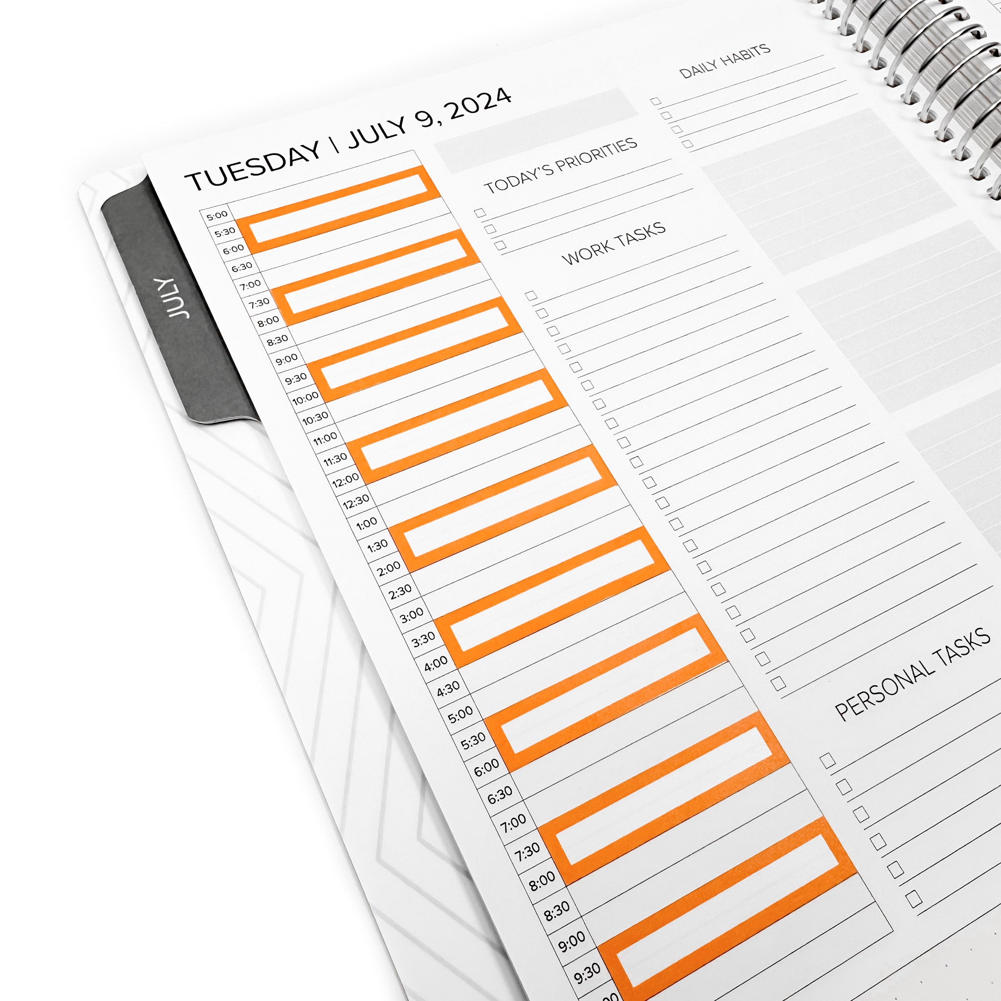 Close-up view of One Hour Block Stickers in an hourly daily planner layout. The vibrant stickers help highlight personal and work tasks for better time management.