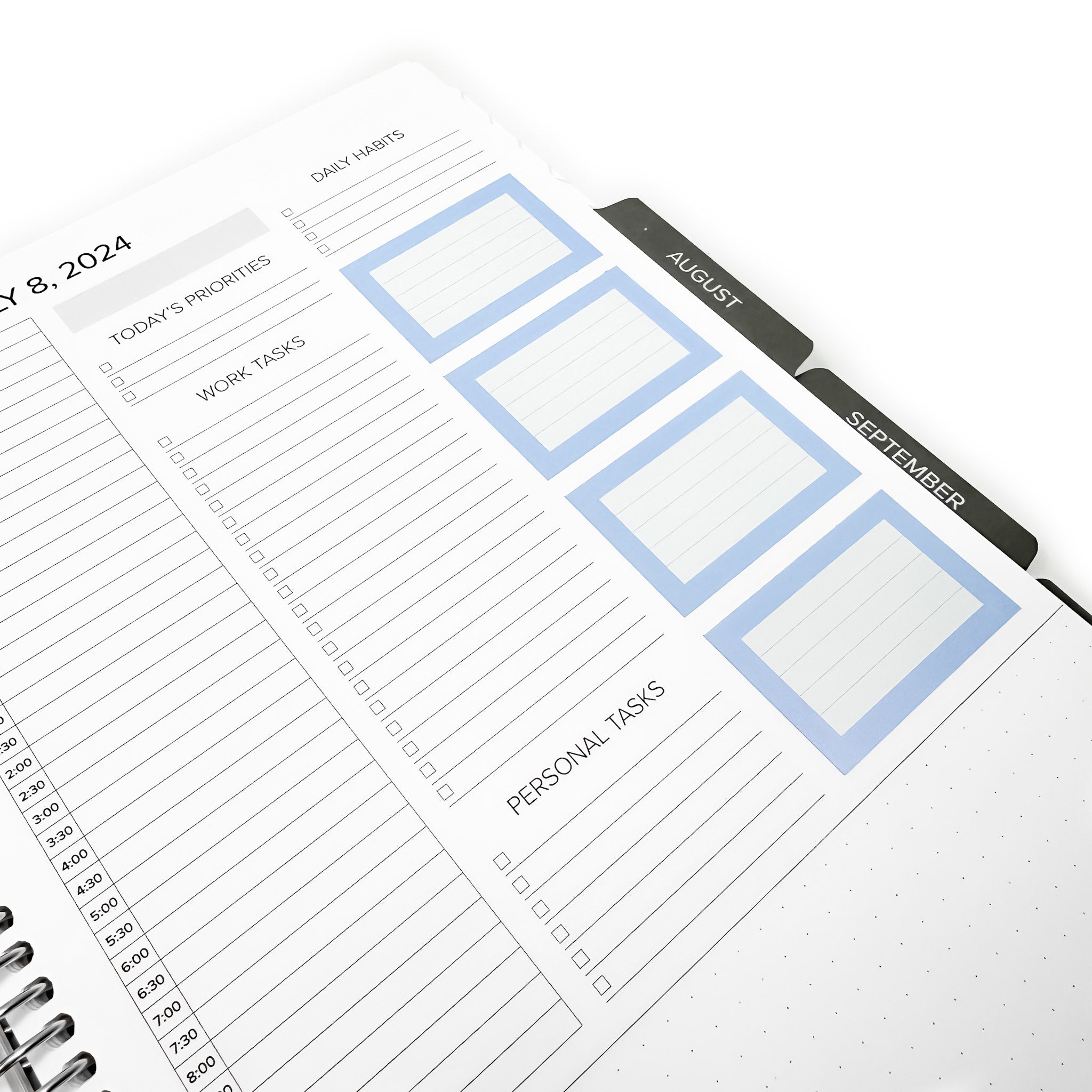 Close-up view of a planner page showcasing Freedom Box Cover Stickers, designed for easy tracking of daily tasks and personal priorities.