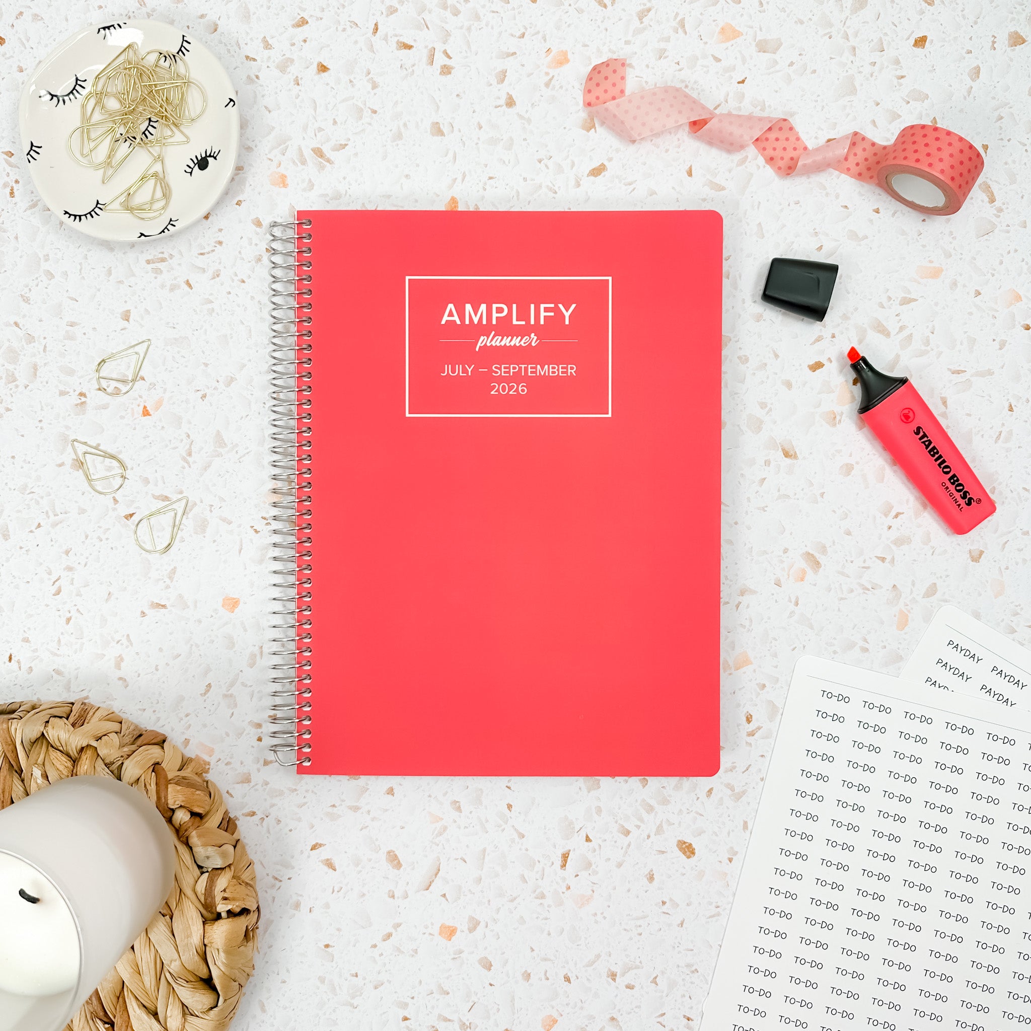 Daily Planner - July-September 2026 - Summer Sangria arranged on a stylish table with decorative items and a modern aesthetic.