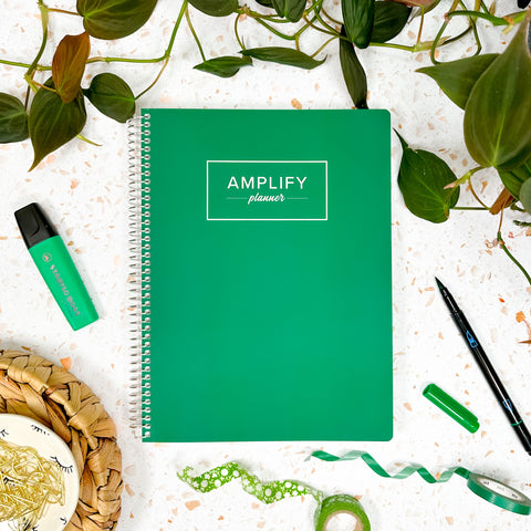 imagination green cover of undated daily Amplify Planner daily planner on a styled background with decorations